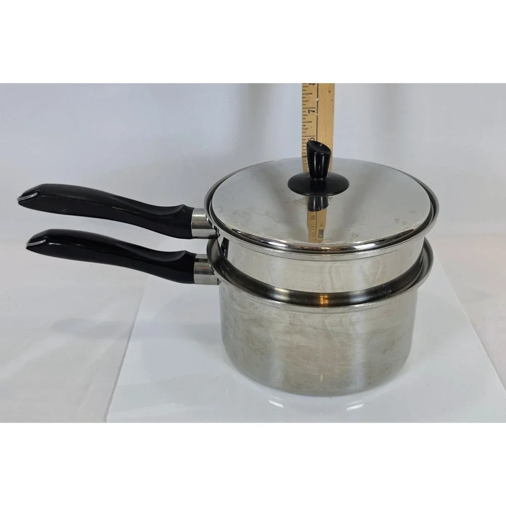 Vintage Kitchen Craft 3-Ply Stainless Steel Double Boiler Pot Pan Set with Lid
